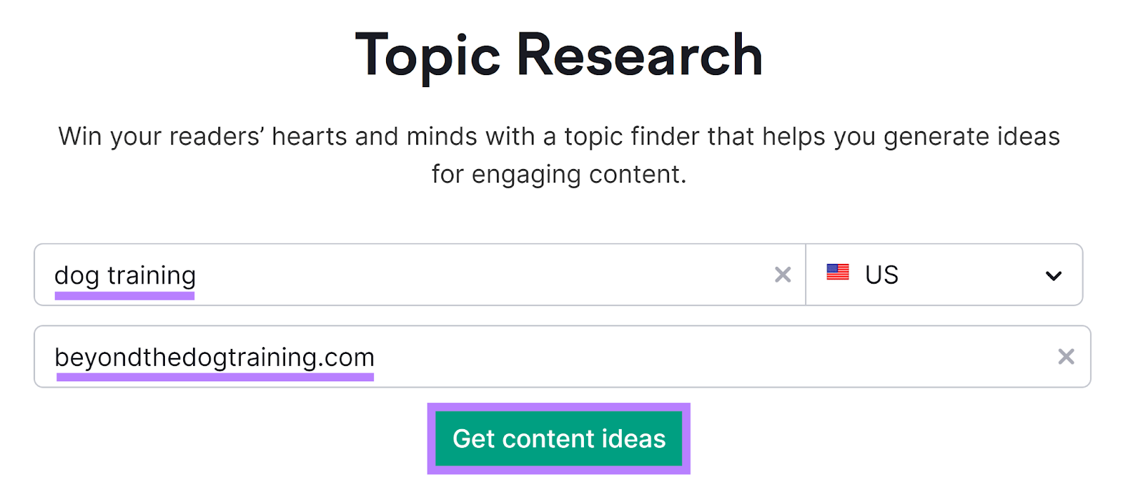 Semrush Topic Research tool start page with keyword and domain entered and Get content ideas button highlighted