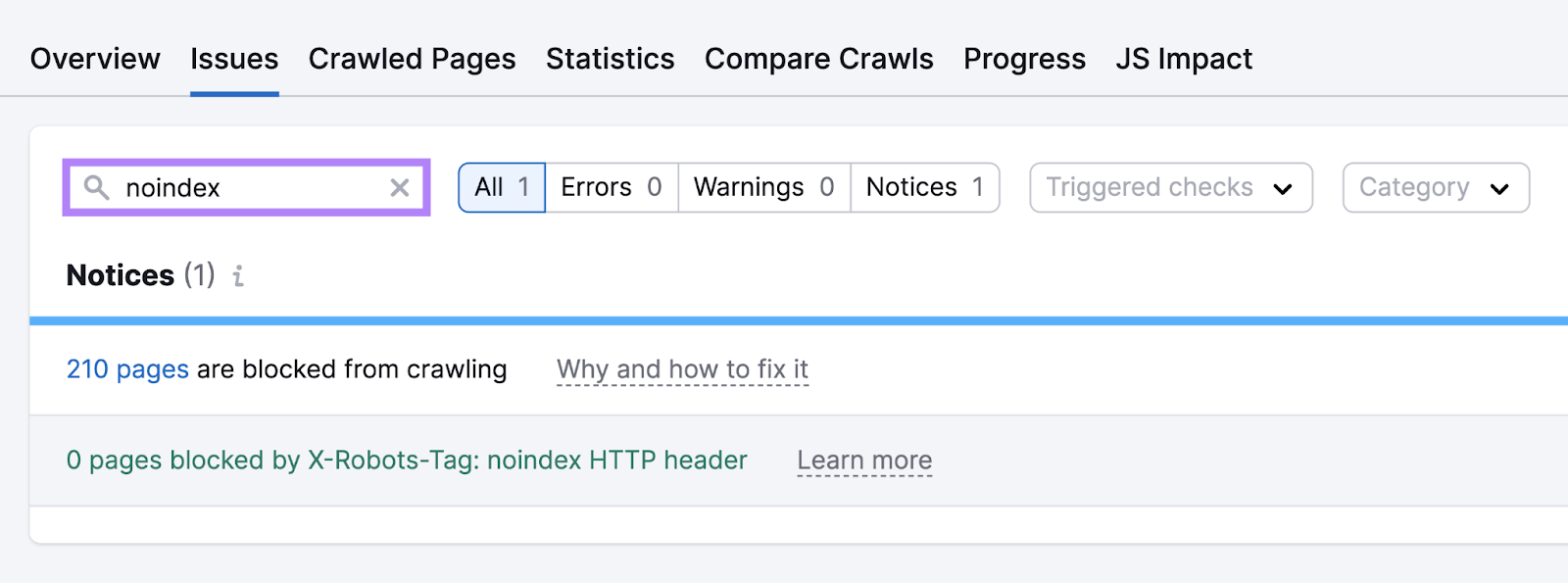 search for noindex issues shows pages blocked from crawling and blocked by x-robots-tag