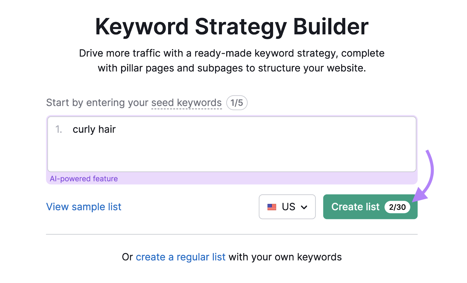 curly hair entered into keyword strategy builder