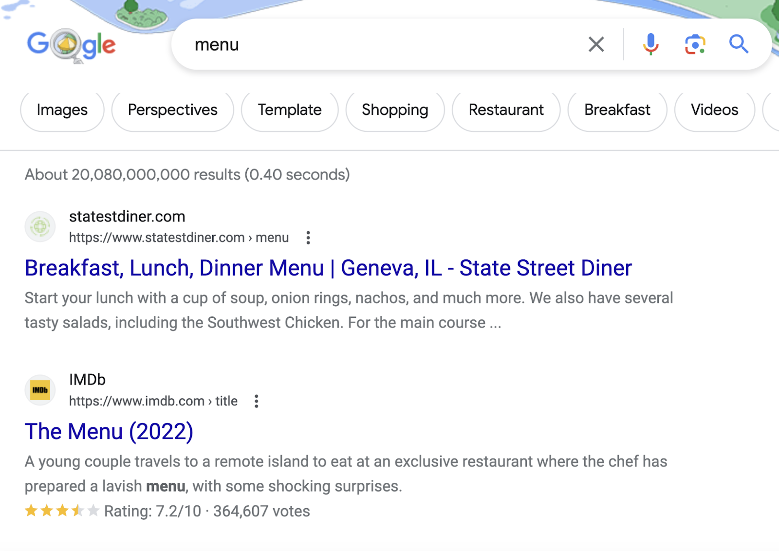 Google search results for “menu”