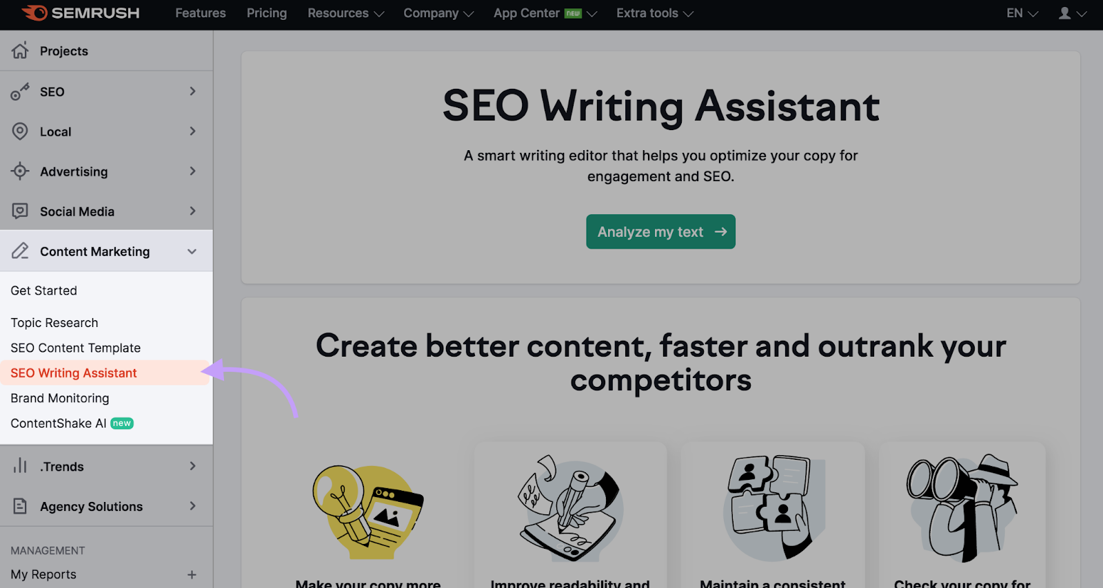 Navigating to “SEO Writing Assistant" in Semrush menu