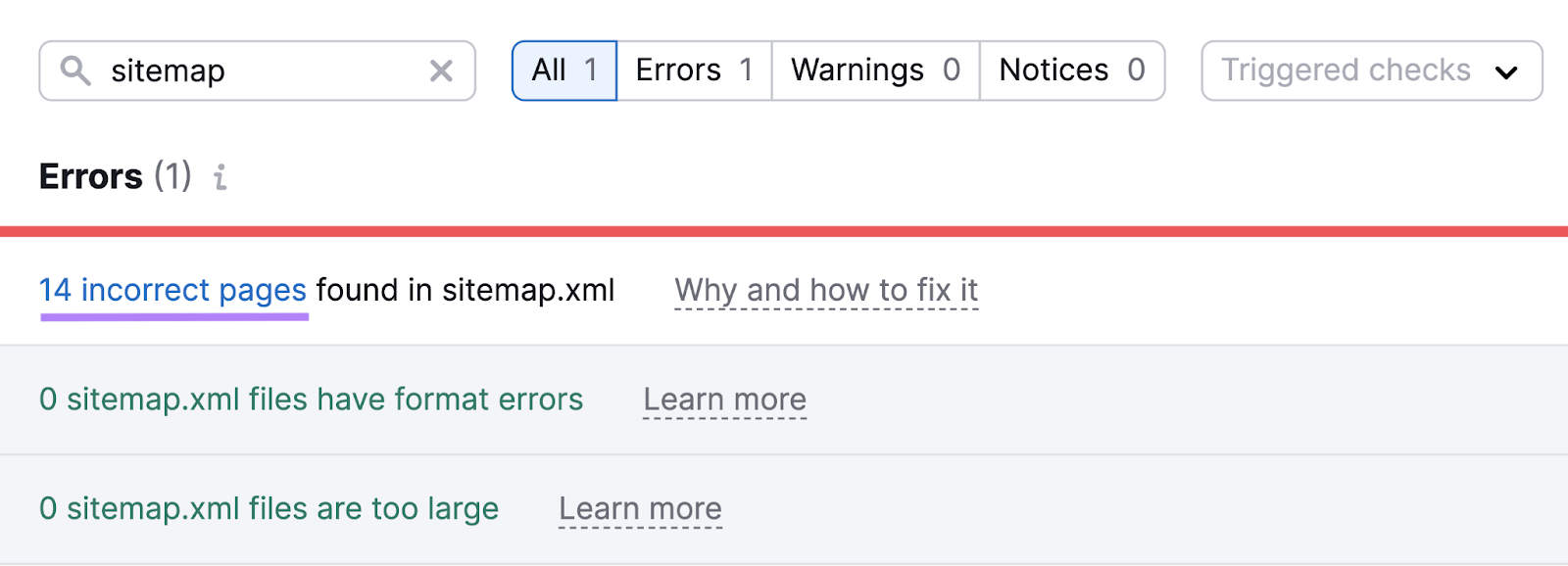 number of incorrect pages found in sitemap.xml highlighted