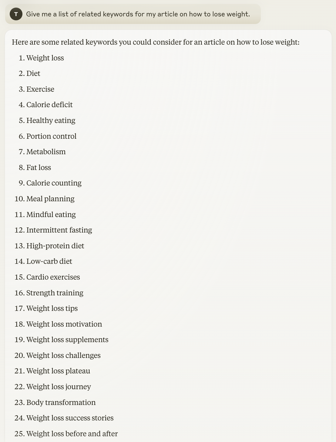 Claude AI response for related keywords for my article on how to lose weight includes 25+ keyword ideas