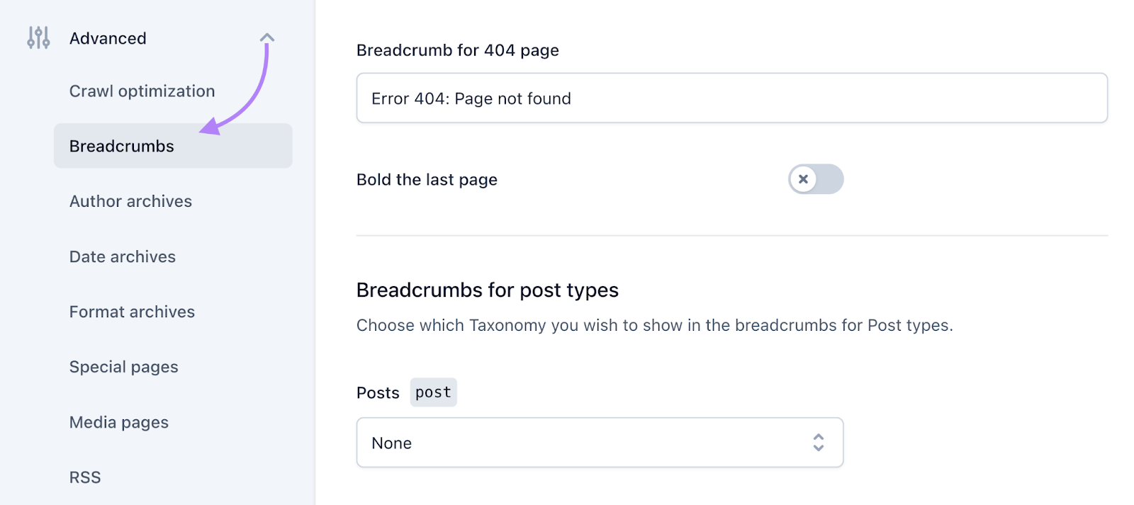 Navigate to Breadcrumbs in Yoast settings