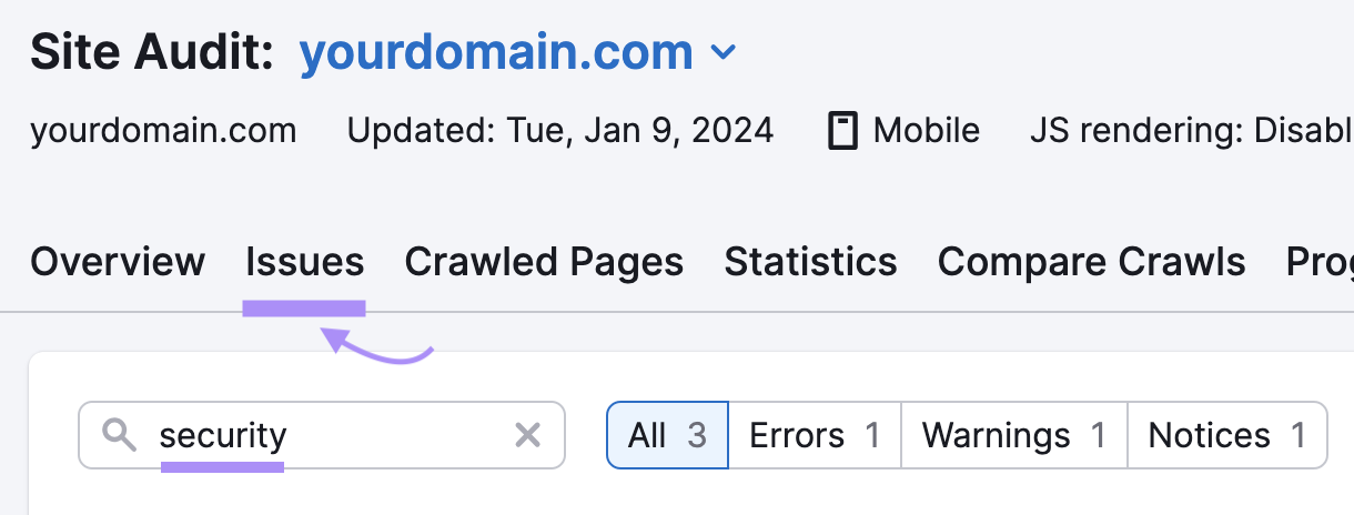 "security" entered in the search bar under "Issues" tab in Site Audit tool