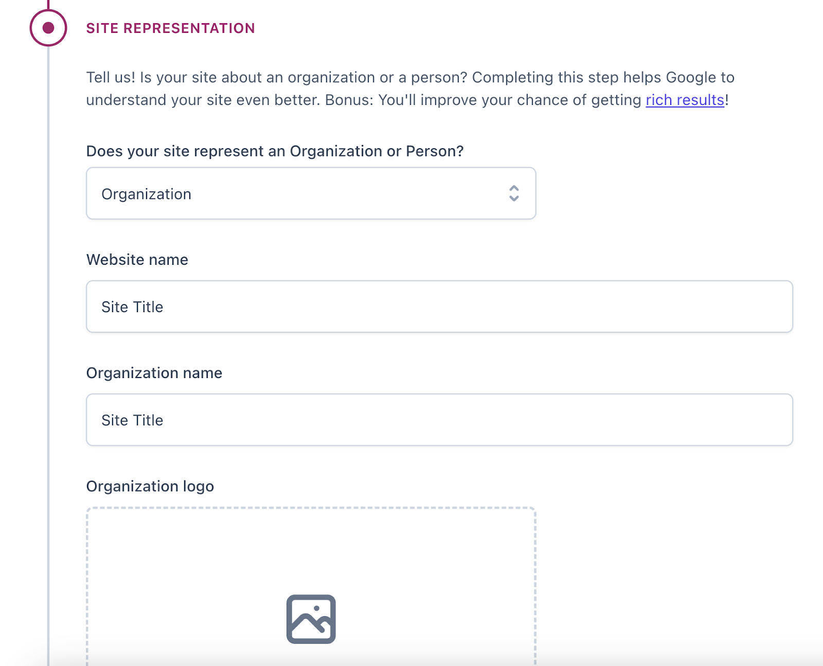 Site representation asks for website name, organization name, and logo
