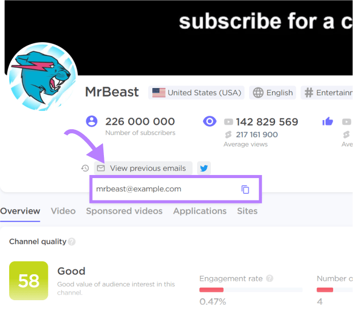 MrBeast' profile contact information