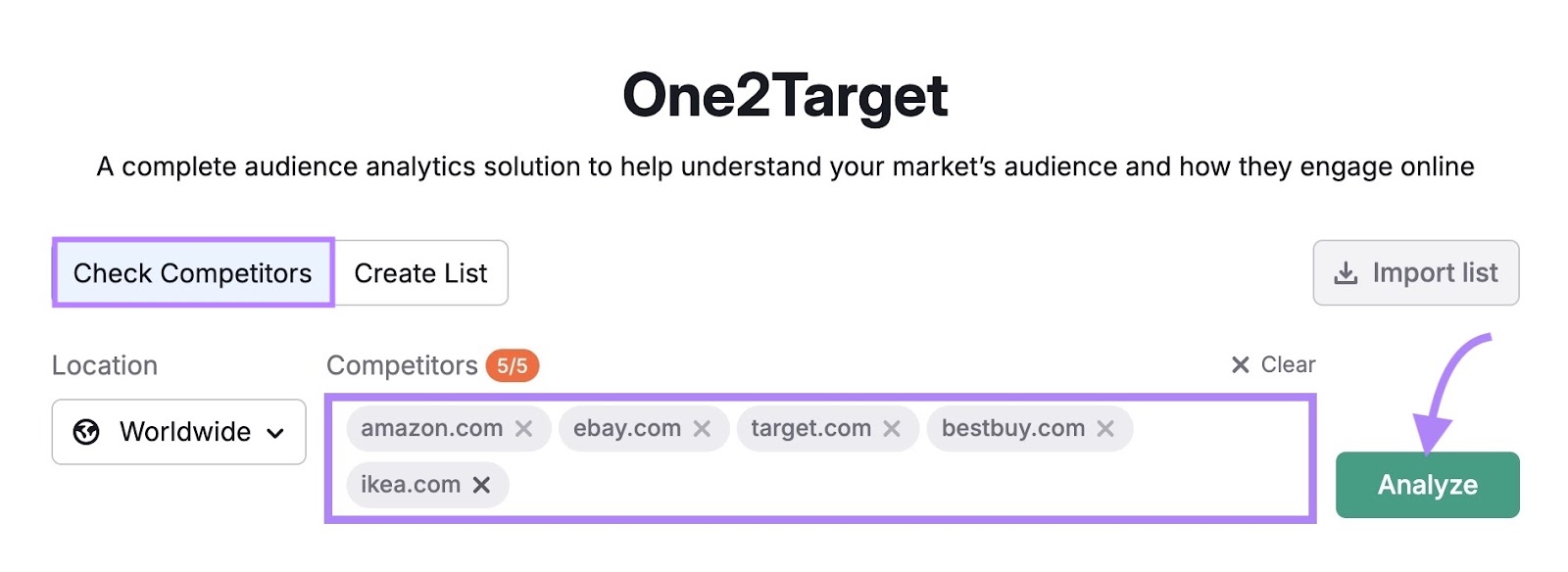 One2Target tool start with five competing domains entered and "Analyze" clicked.