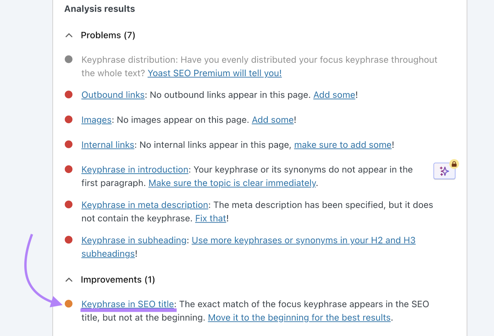 SEO problems and improvements list in Yoast include keyphrase in SEO title, internal links, images, and more