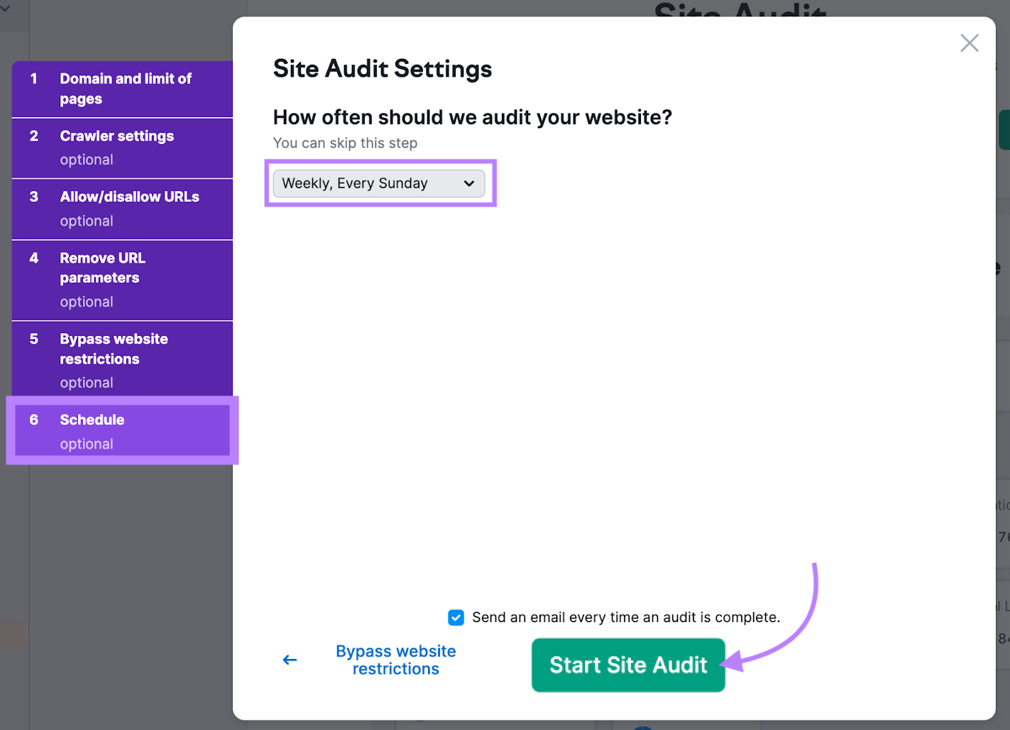 site audit schedule tab highlighted with option to run the audit weekly, every sunday.