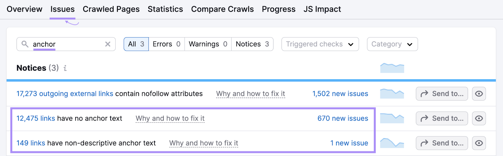 A list of anchor text mistakes shown in Site Audit's "Issues" tab