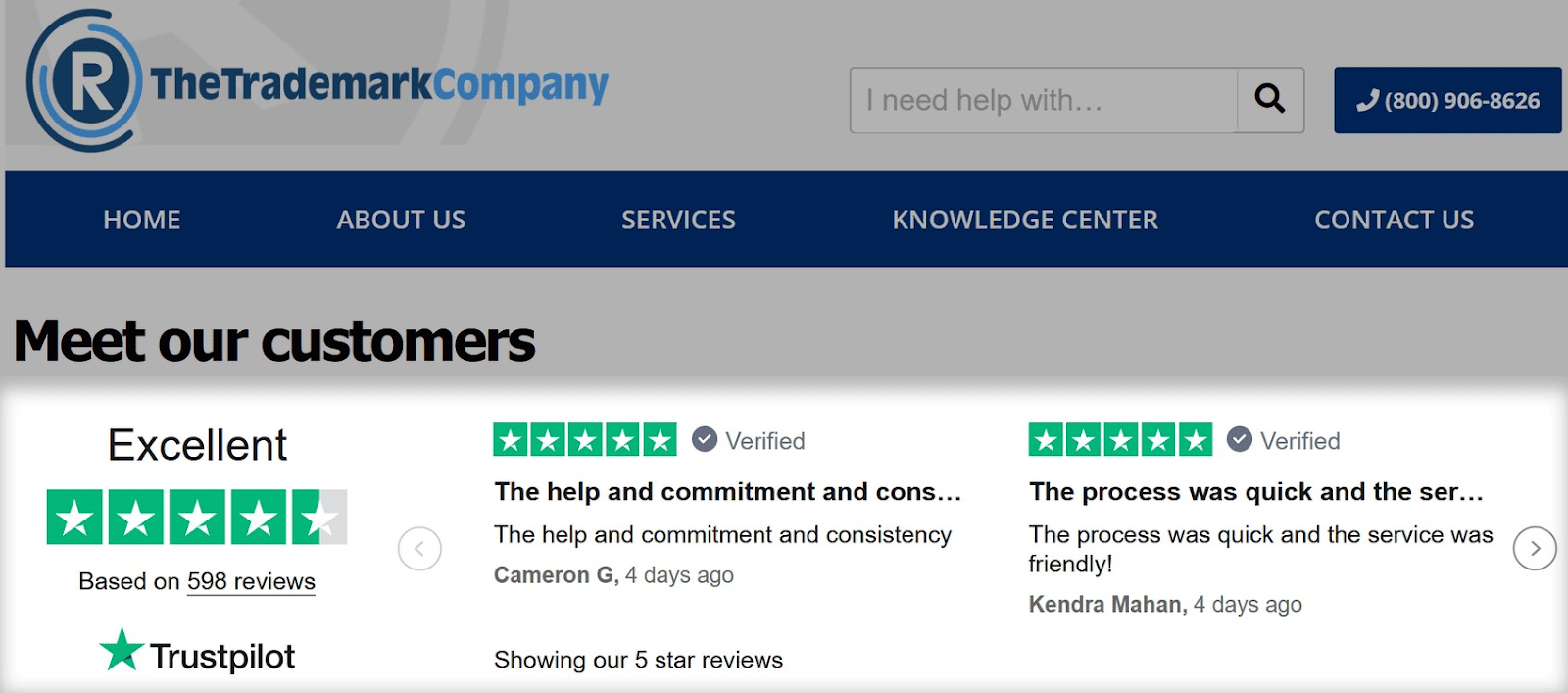 Trustpilot widget on TheTrademarkCompany's website