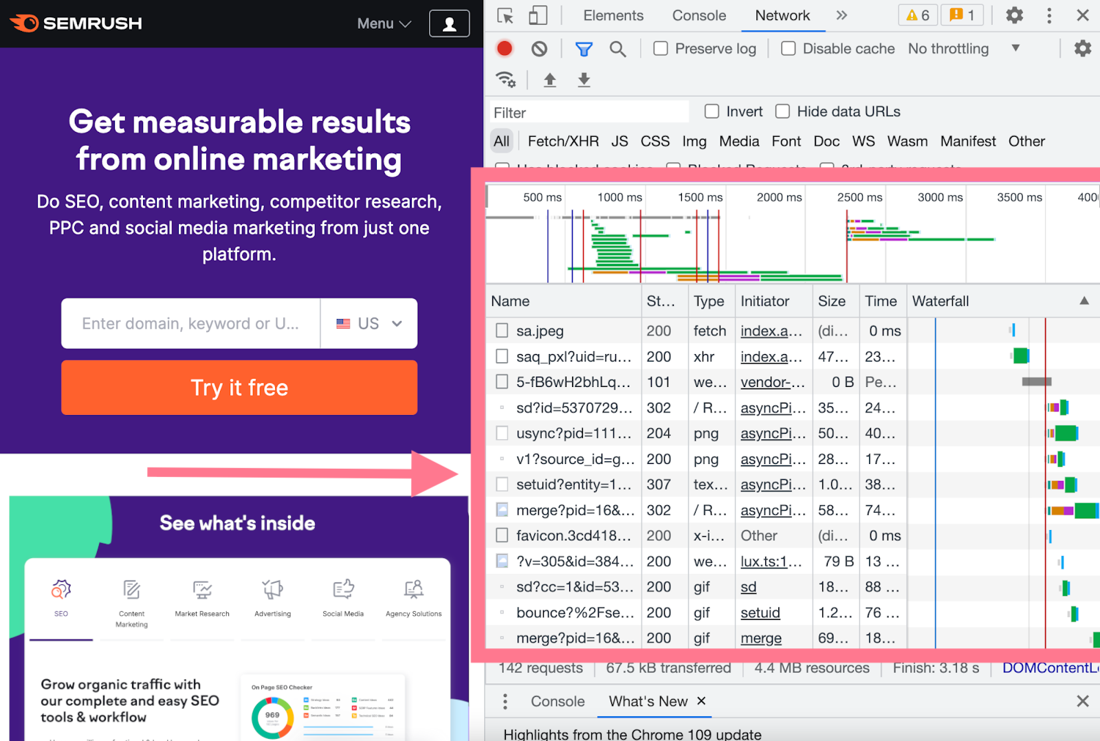 data collected in network tab