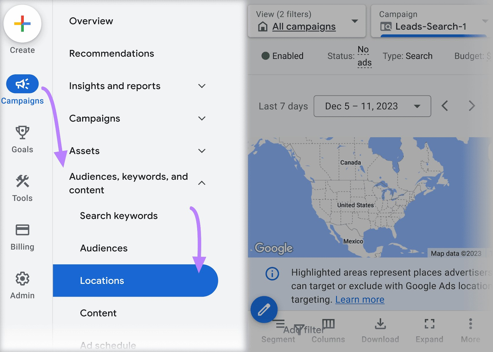 Locations in Google Ads sidebar