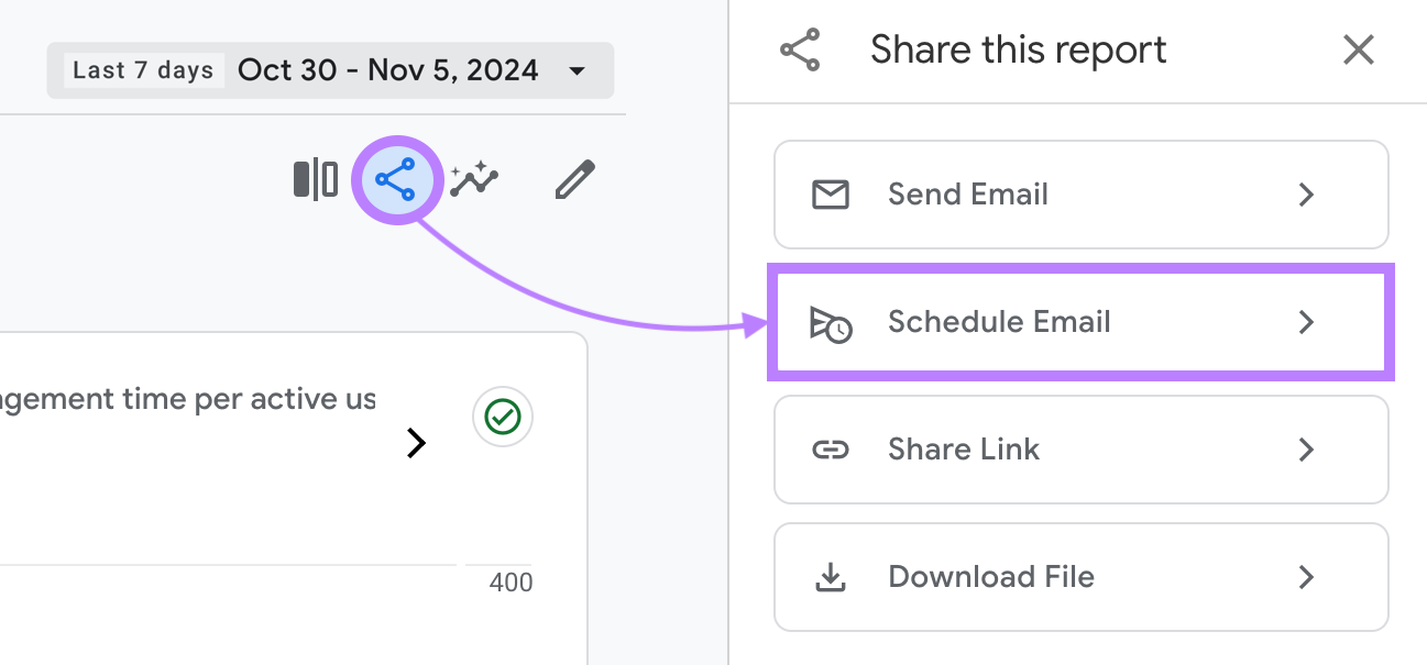 share icon highlighted and showing options like send email, schedule email, share link, and download file