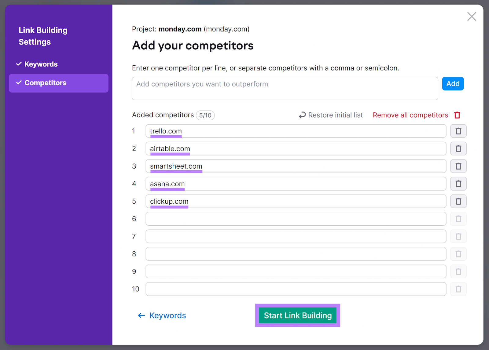 Competitors added and Start Link Building button highlighted