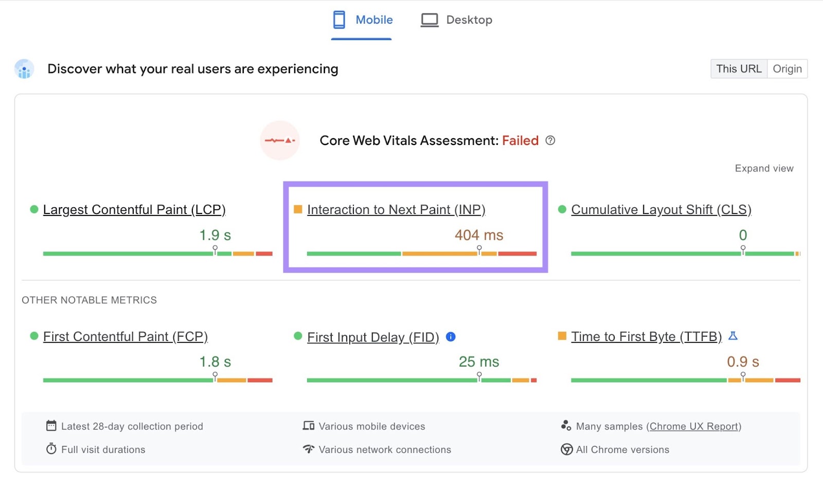 “Core Web Vitals Assessment” on "Pagespeed Insights" with "Interaction to Next Paint (INP)" highlighted.