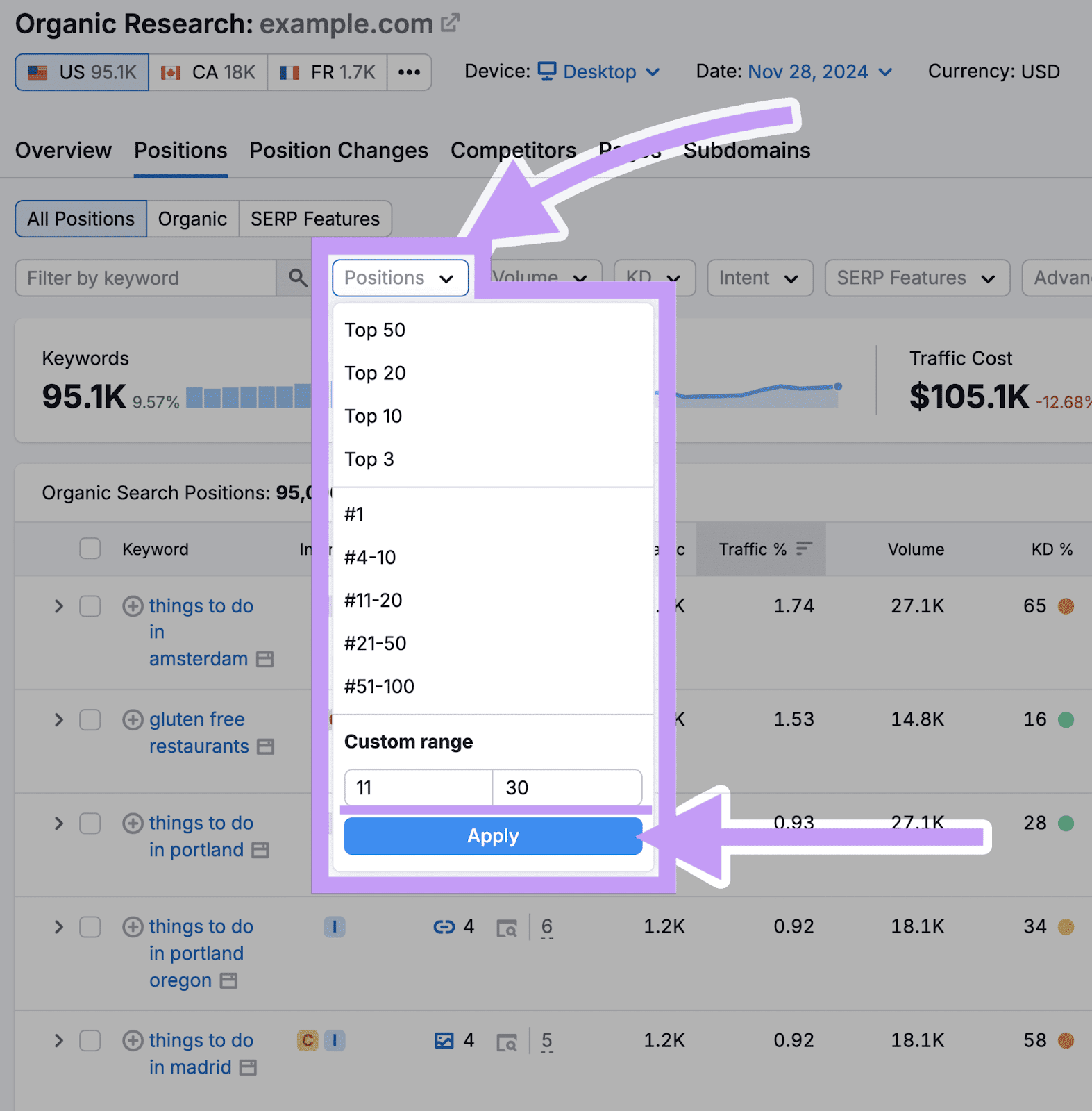 positions filter in Organic Research tool with custom range set to 11 to 30