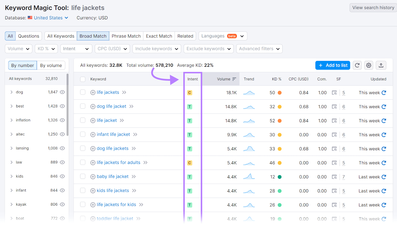 Keyword Magic Tool results for "life jackets" with "intent" column highlighted