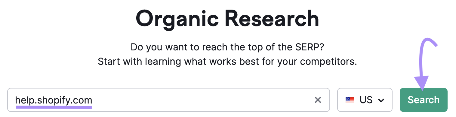 searching for "help.shopify.com" in the US in Organic Research tool