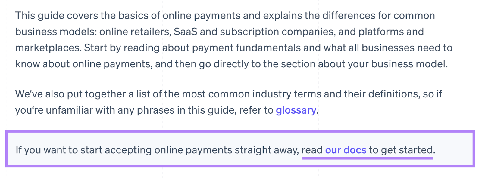 A gray box is inserted into the text with an internal link to a helpful document. The call to action says "read our docs to get started"