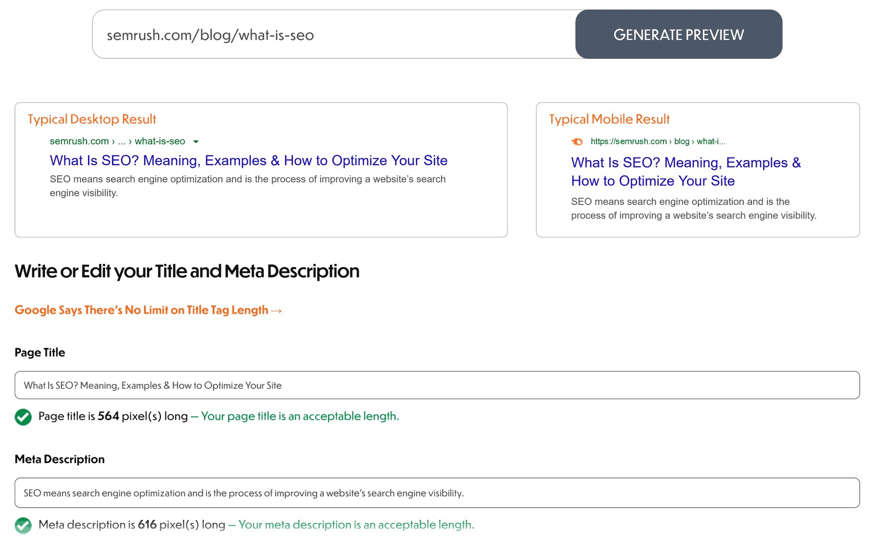 To The Web's dashboard for Semrush's blog on "What Is SEO?"