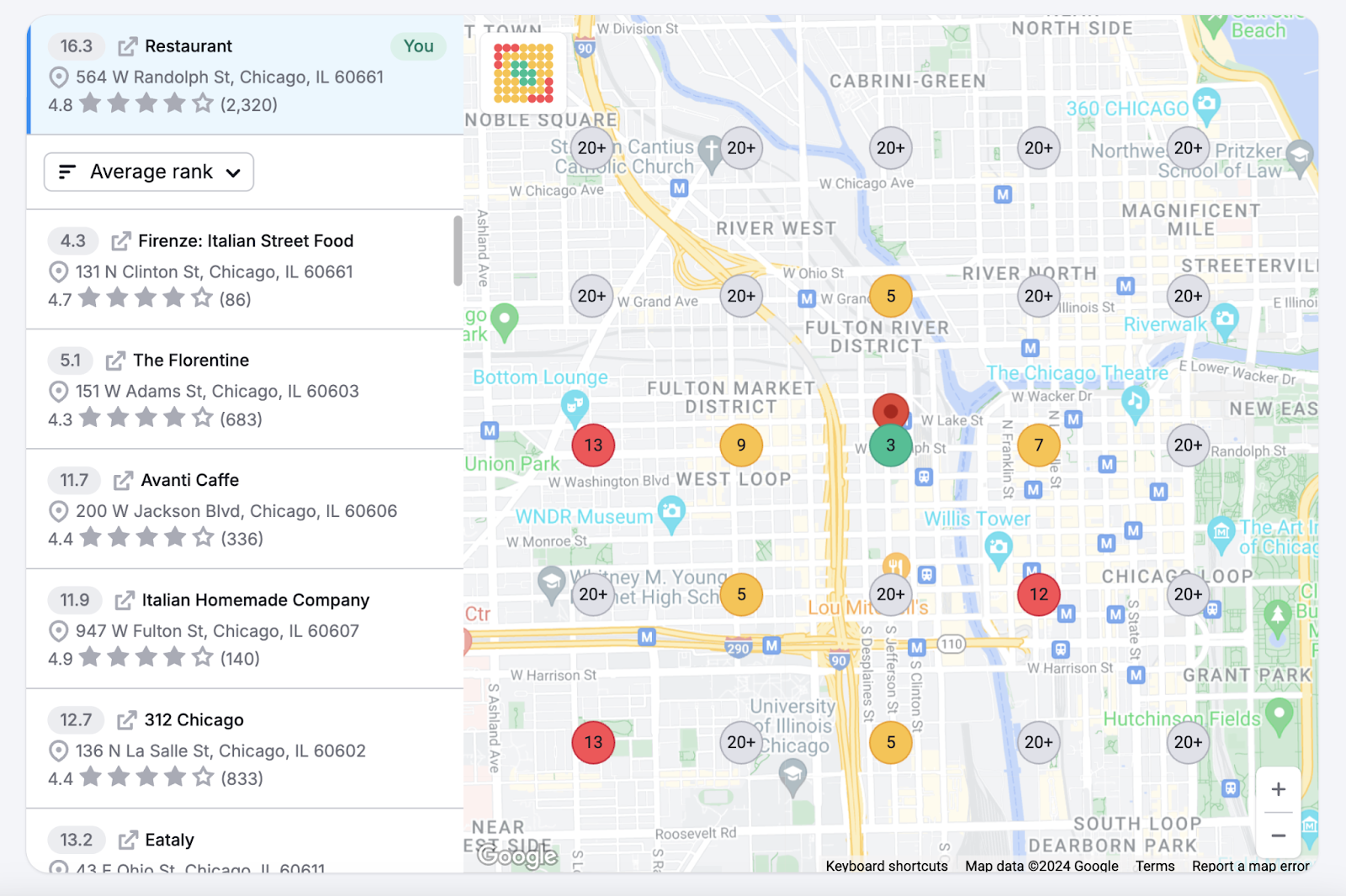 local business ranks 16th for the keyword italian restaurant near me with other ranking businesses highlighted on a google map