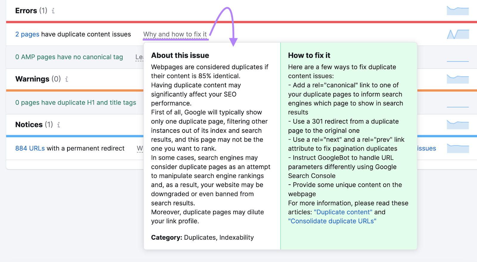 "Why and how to fix it" window opened for "2 pages have duplicate content issues" result