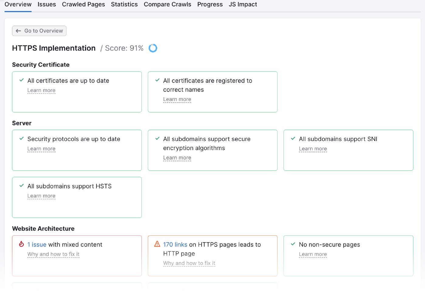 "HTTPS implementation" section in the Site Audit tool