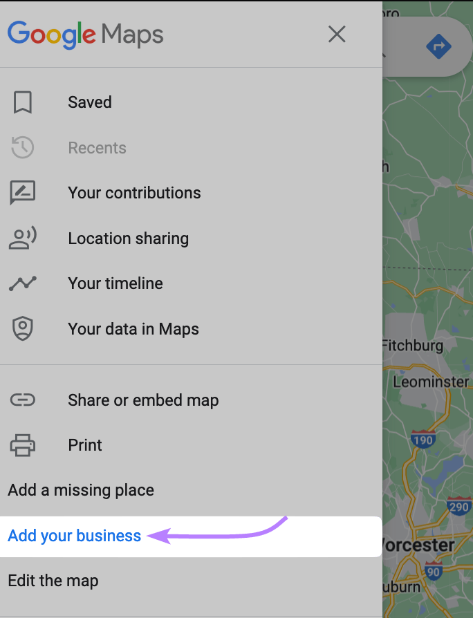 "Add your business" selected from the drop-down menu