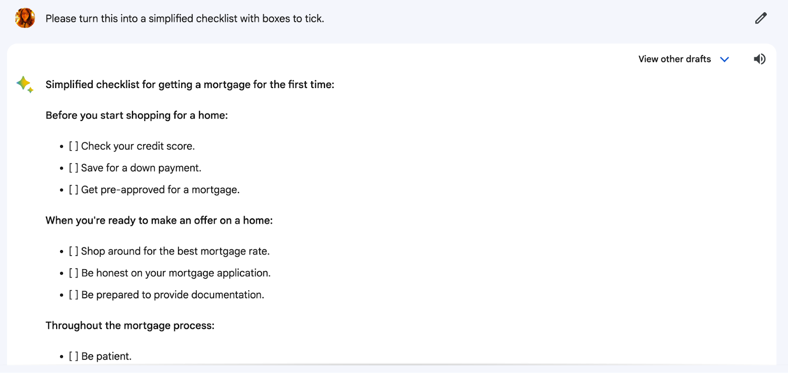 Bard's response to "Please turn this into a simplified checklist with boxes to tick." prompt