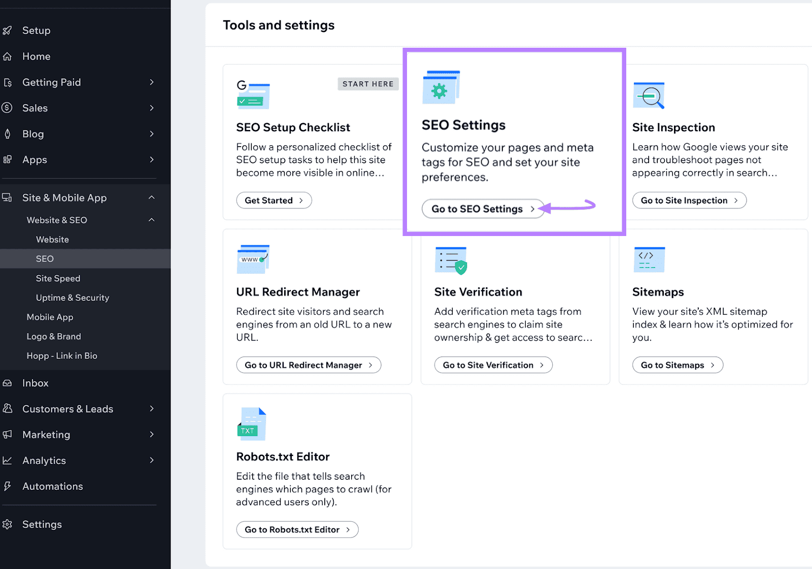 Wix dashboard showing "Tools and settings" for SEO, with a highlighted "Go to SEO Settings" button