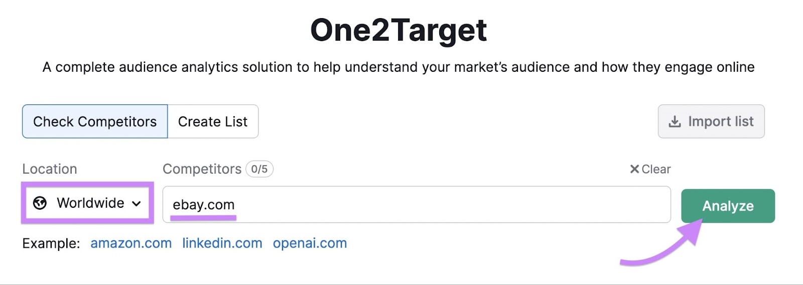 "ebay.com" entered into the One2Target tool