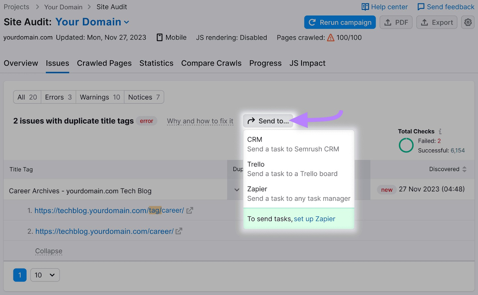 “Send to…” drop-down menu with "CRM," Trello," "Zapier" options