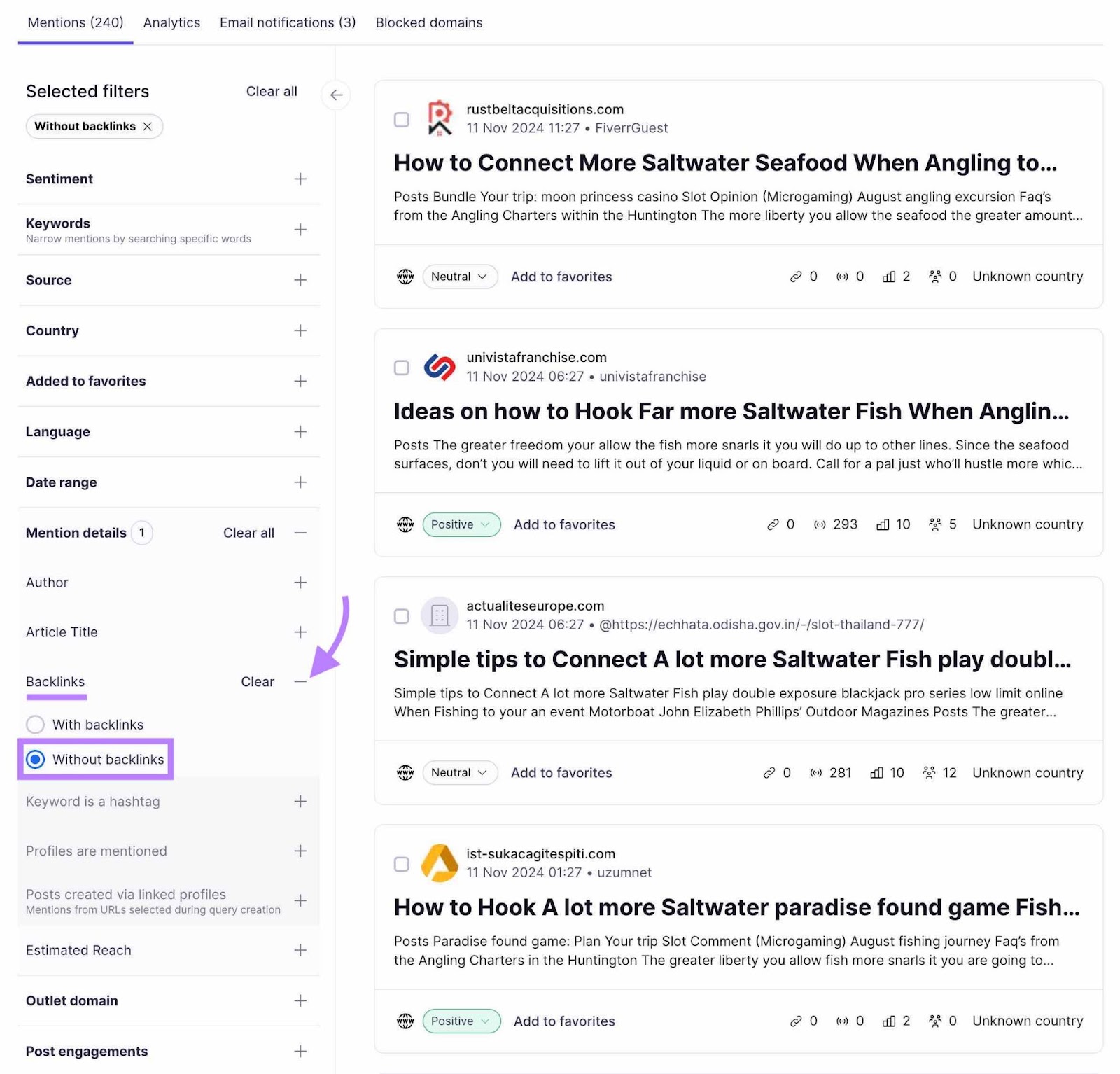 "Without backlinks" selected on the Brand Monitoring tool showing a list of unlinked mentions for a domain.