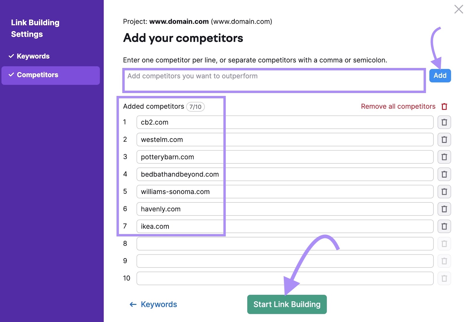 "Add your competitors" window in Link Building Tool settings