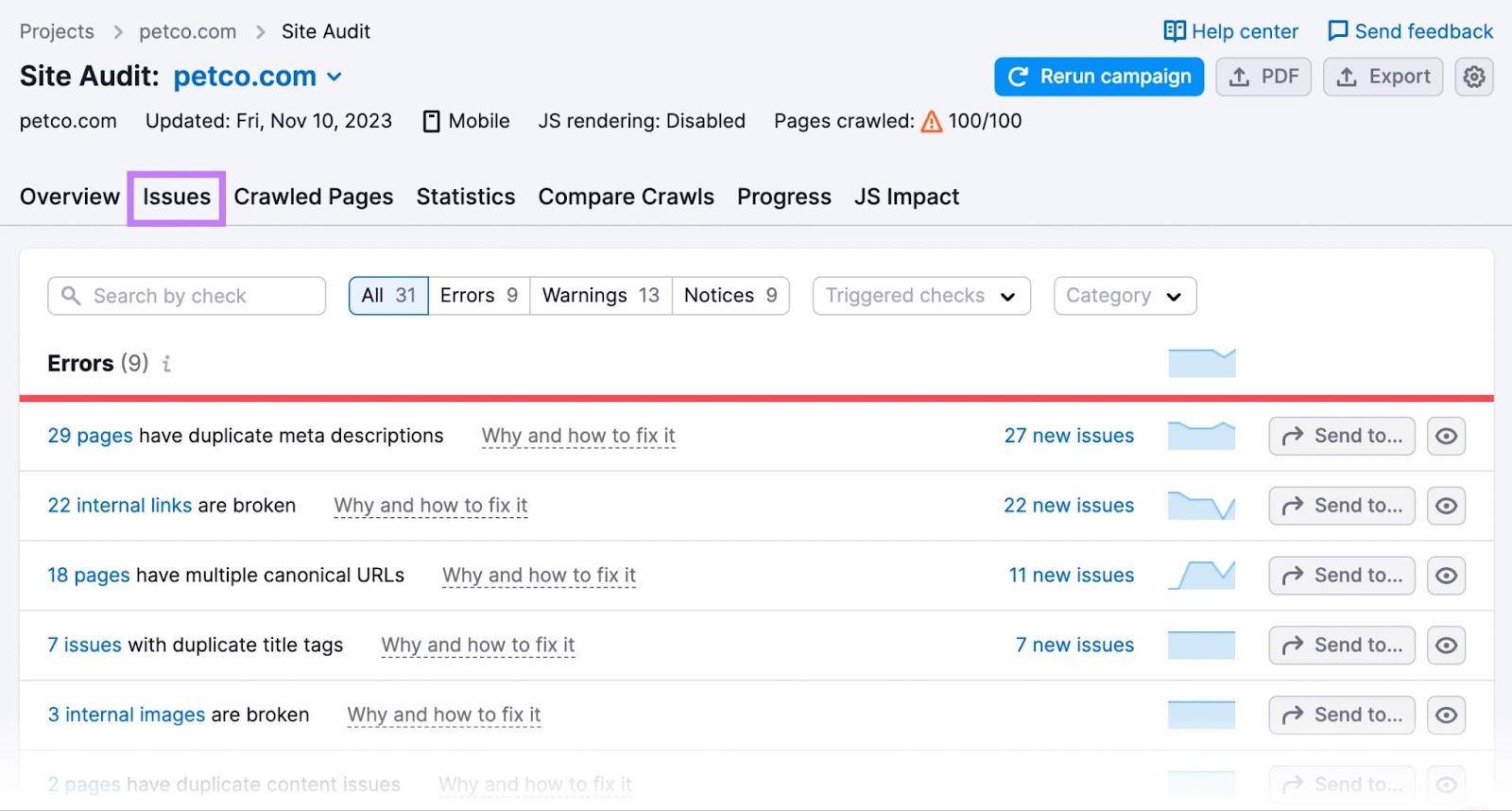 “Issues” tab in Site Audit tool