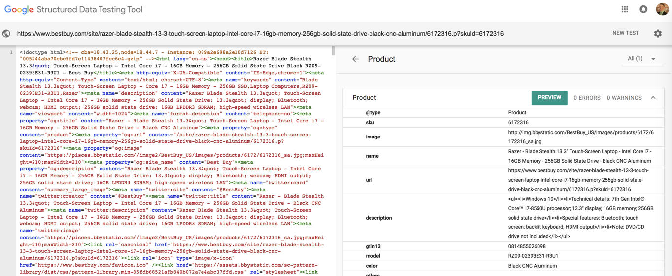 A screenshot of the output a user will see when inputing the URL for the Razer Blade Stealth laptop URL into the Google Structured Data Testing Tool