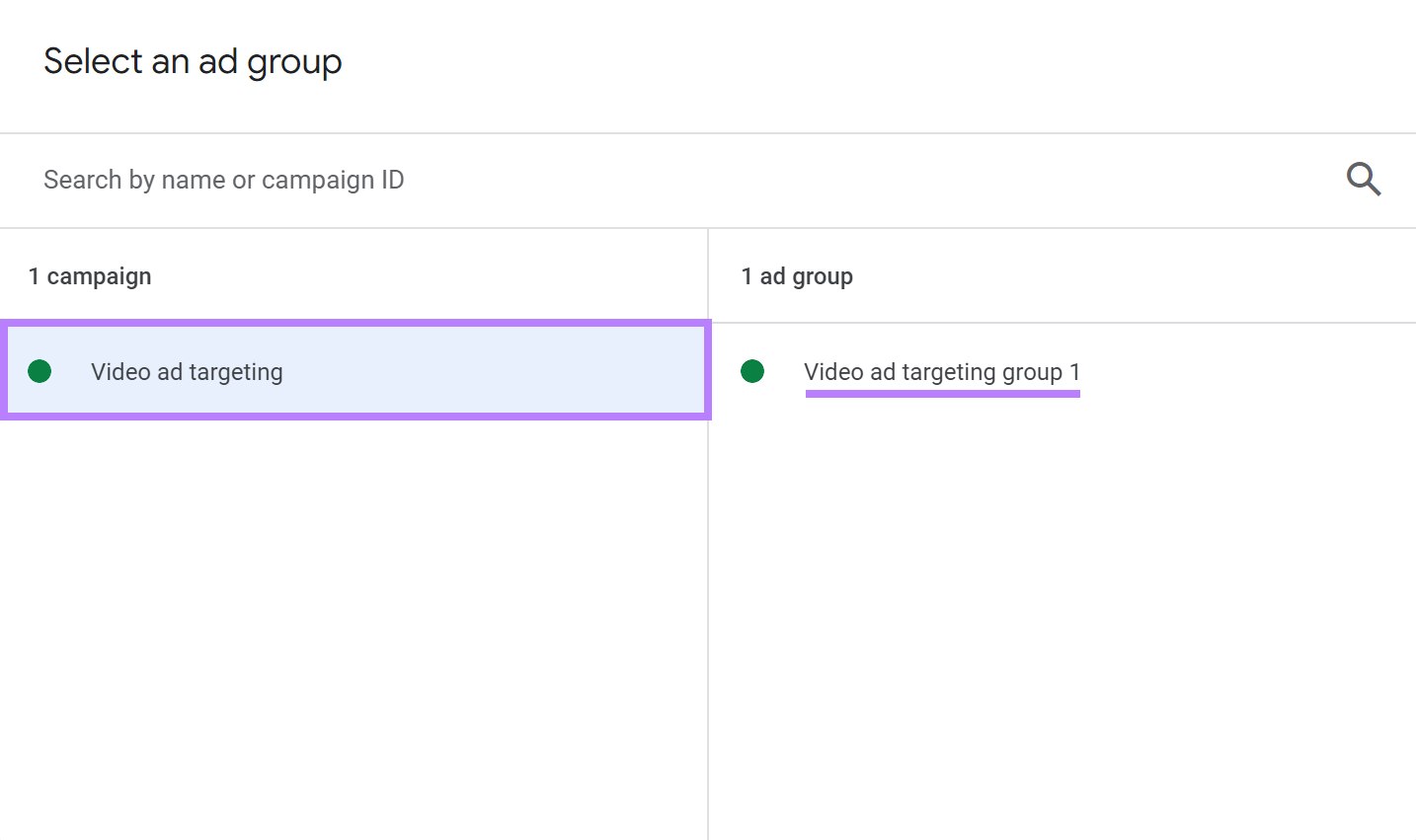 "Video ad targeting" campaign and ""Video ad targeting group 1" selected from the dashboard