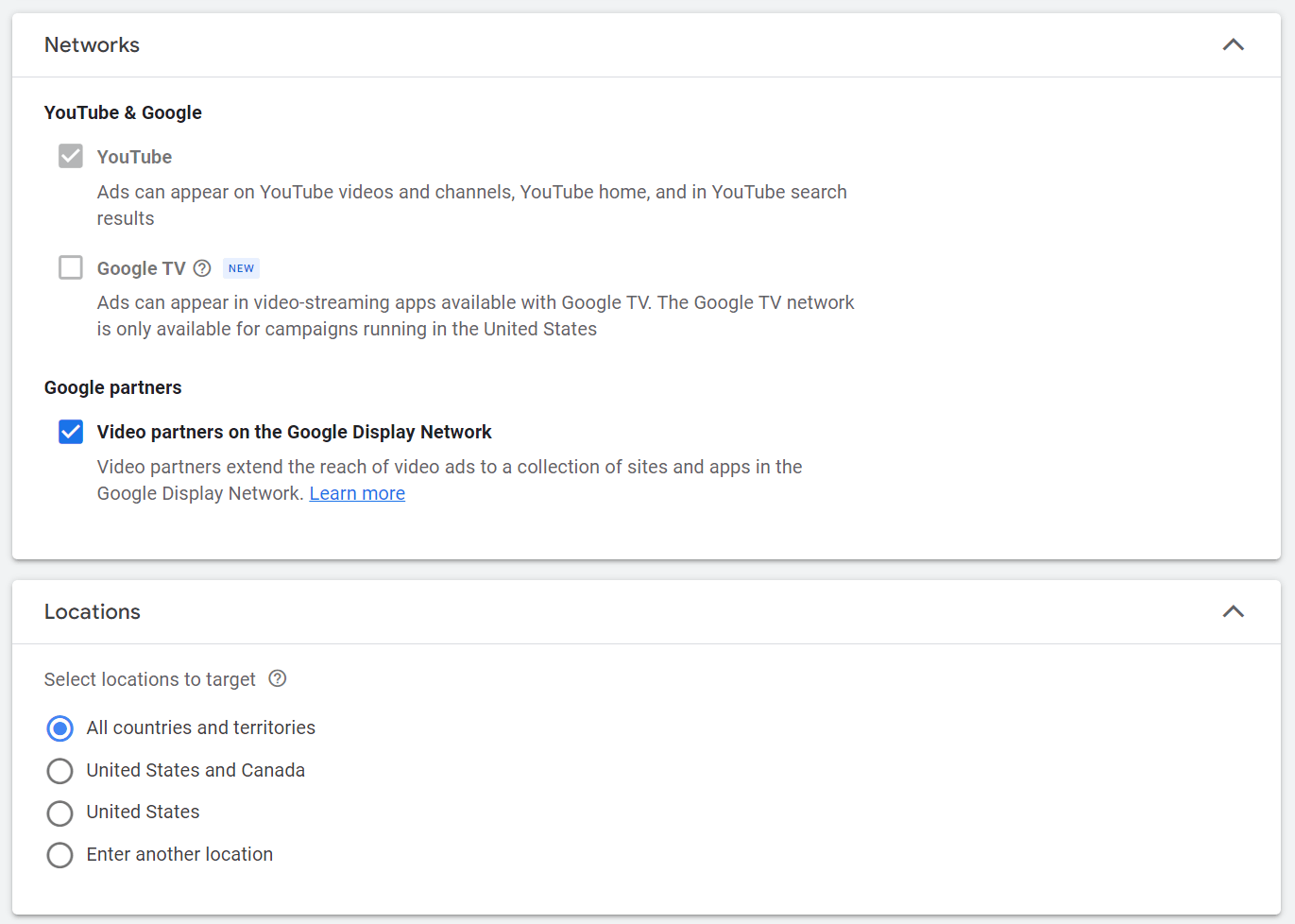add network and audience’s geographic location into Google Ads campaign settings