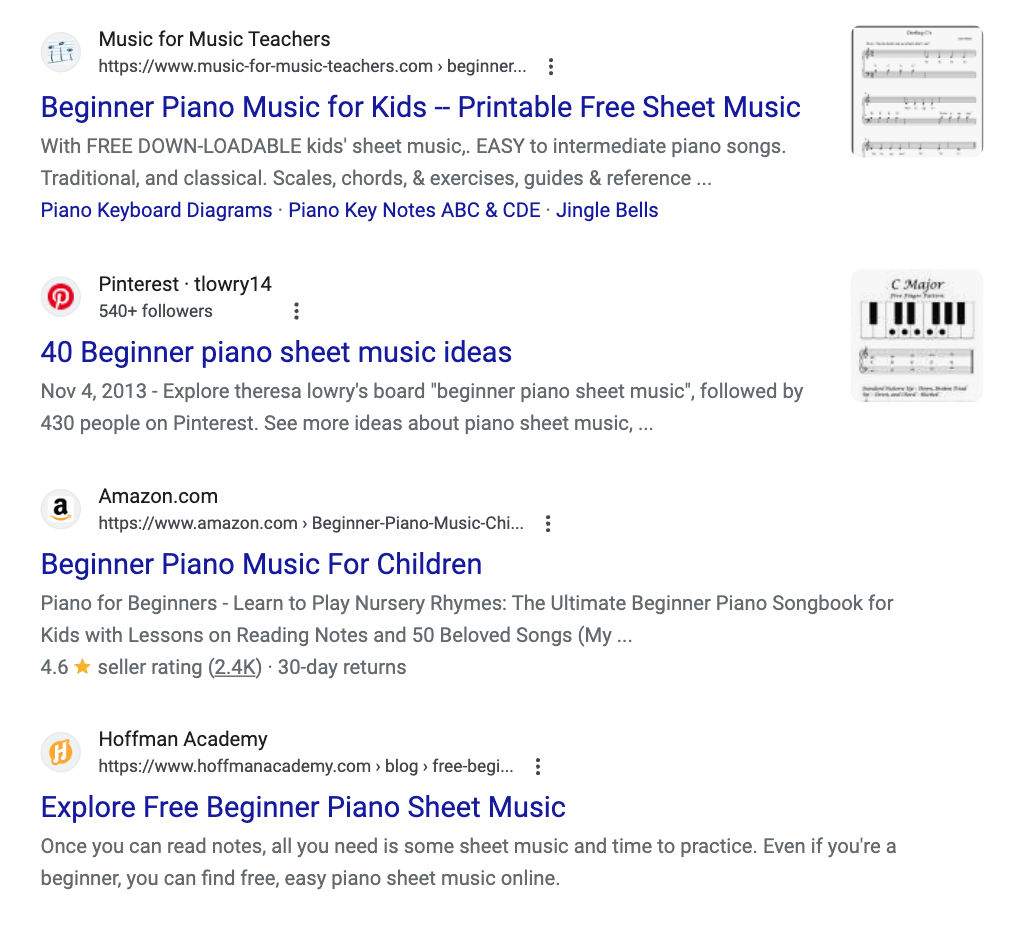 Google's SERP for “allinurl:piano music beginner”