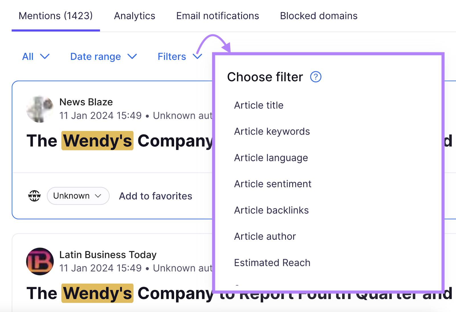 Filters available in 'Brand Monitoring' tool with options including title, keywords, language, sentiment, backlinks, reach, etc.