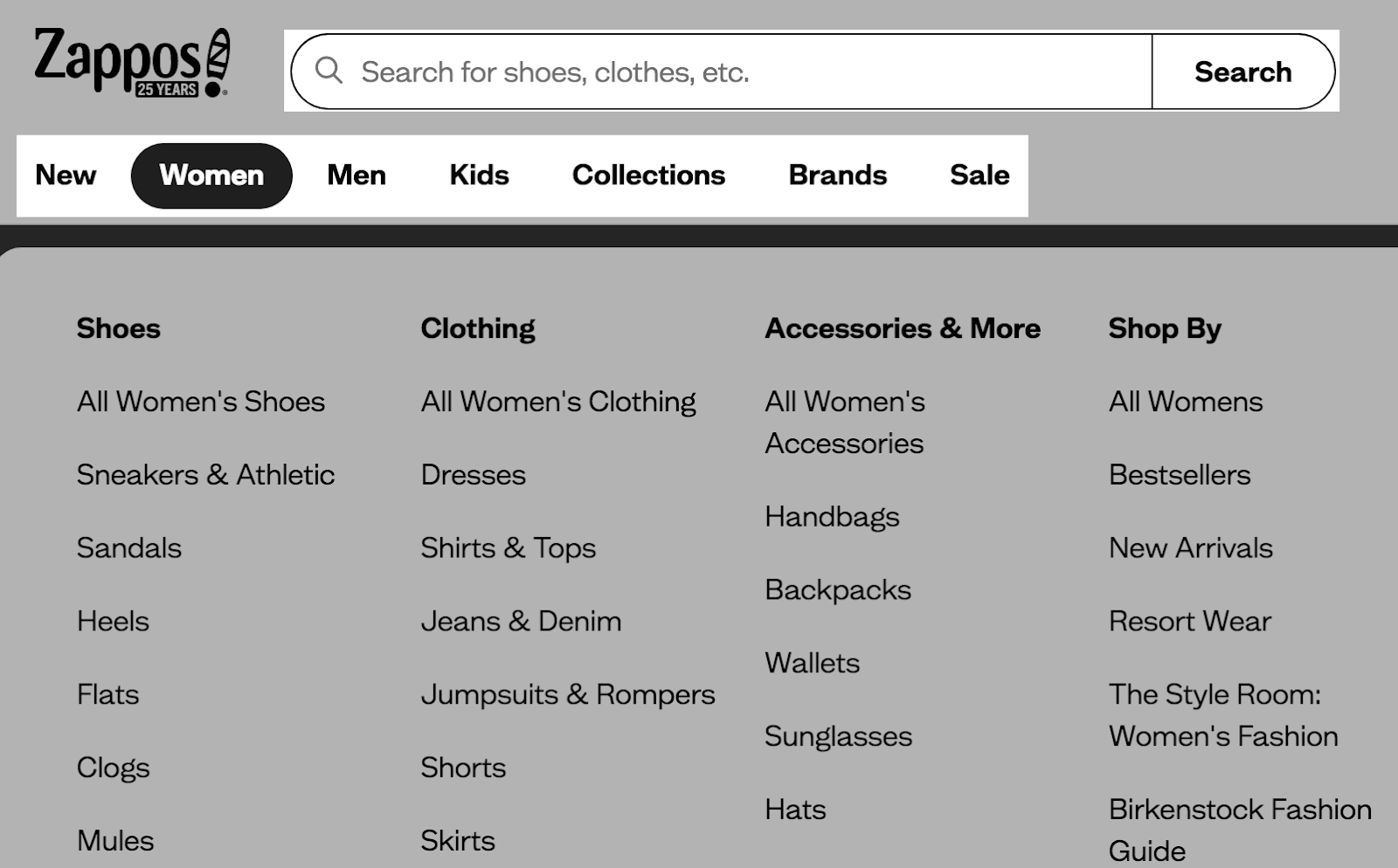 Zappos website search bar and menu.