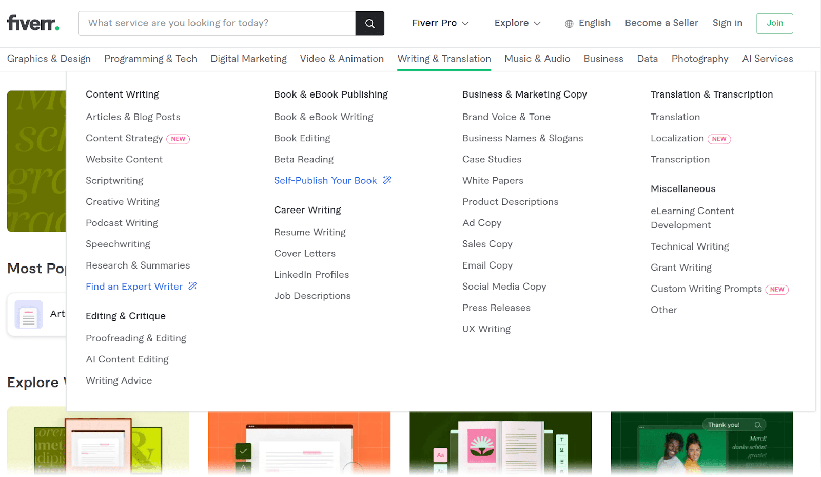 Fiverr's "Writing & Translation" navigation menu