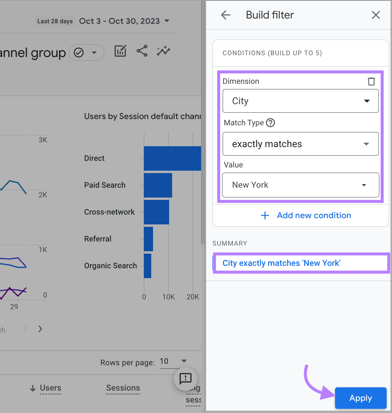 "Build filters" section in GA4 with "Dimensions," "Match types," and "Value" filters added