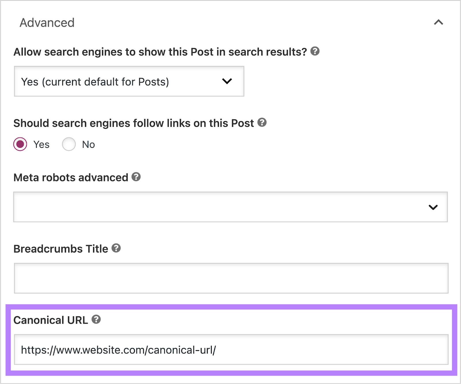 “Advanced” tab in Yoast SEO options