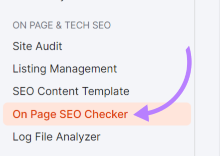 “On Page SEO Checker” selected from the Semrush menu