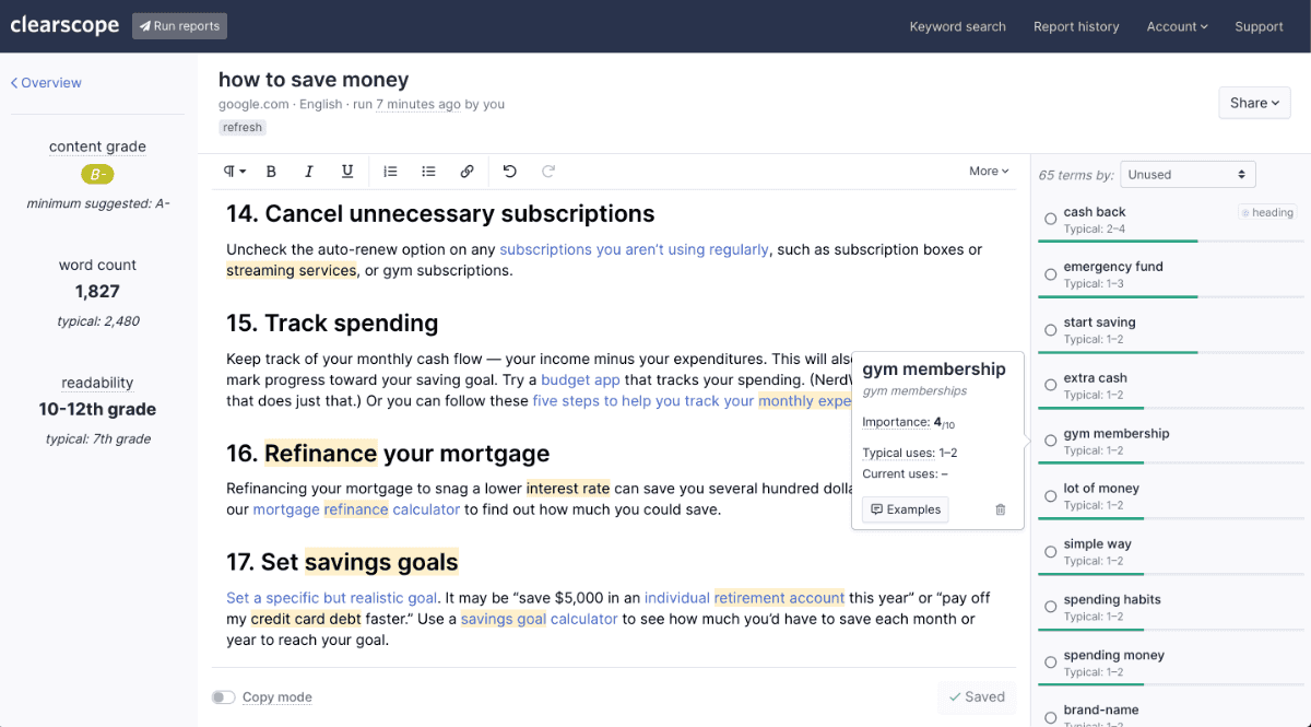 Clearscore unused words and phrases from competitors' content