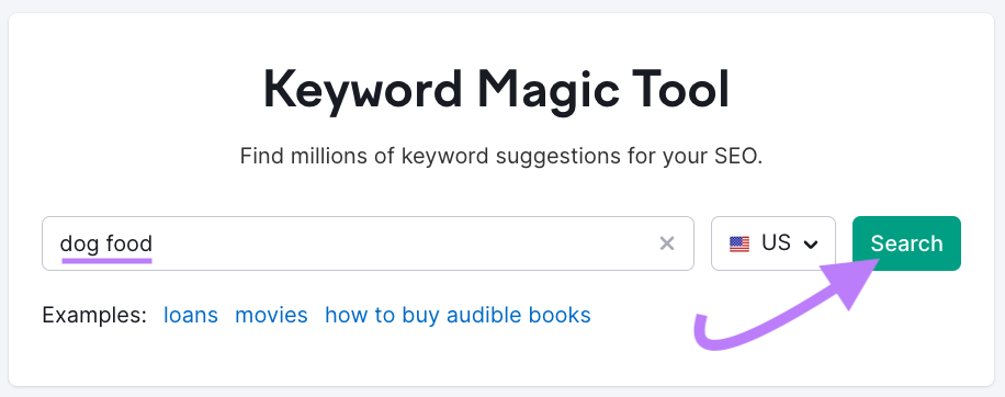 "dog food" entered into the Keyword Magic Tool search bar