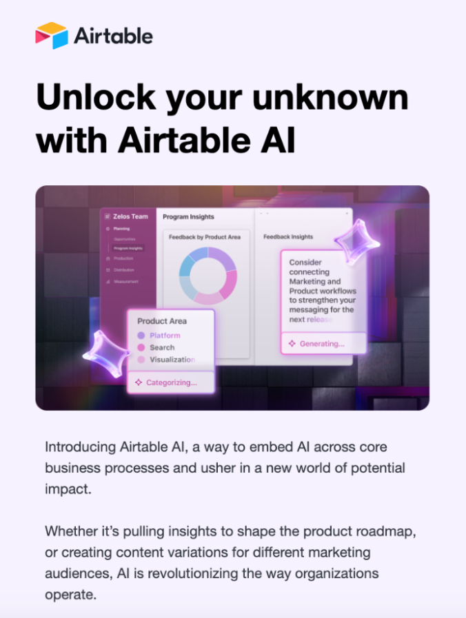 Email from Airtablet describing the launch of their new AI feature.